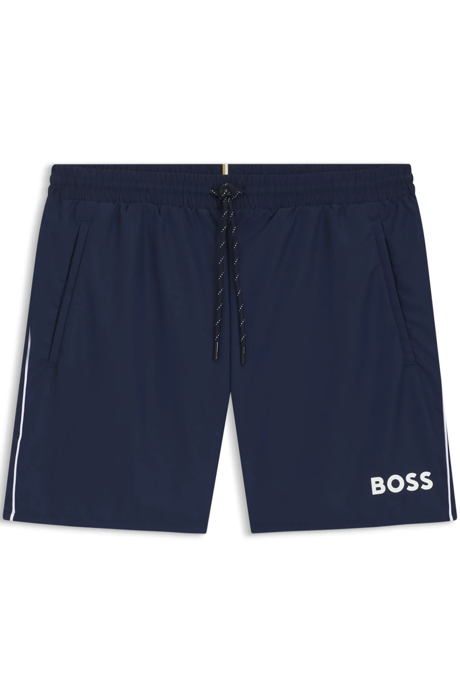 Badeshorts mit kontrastfarbenem Logo und Paspelierung