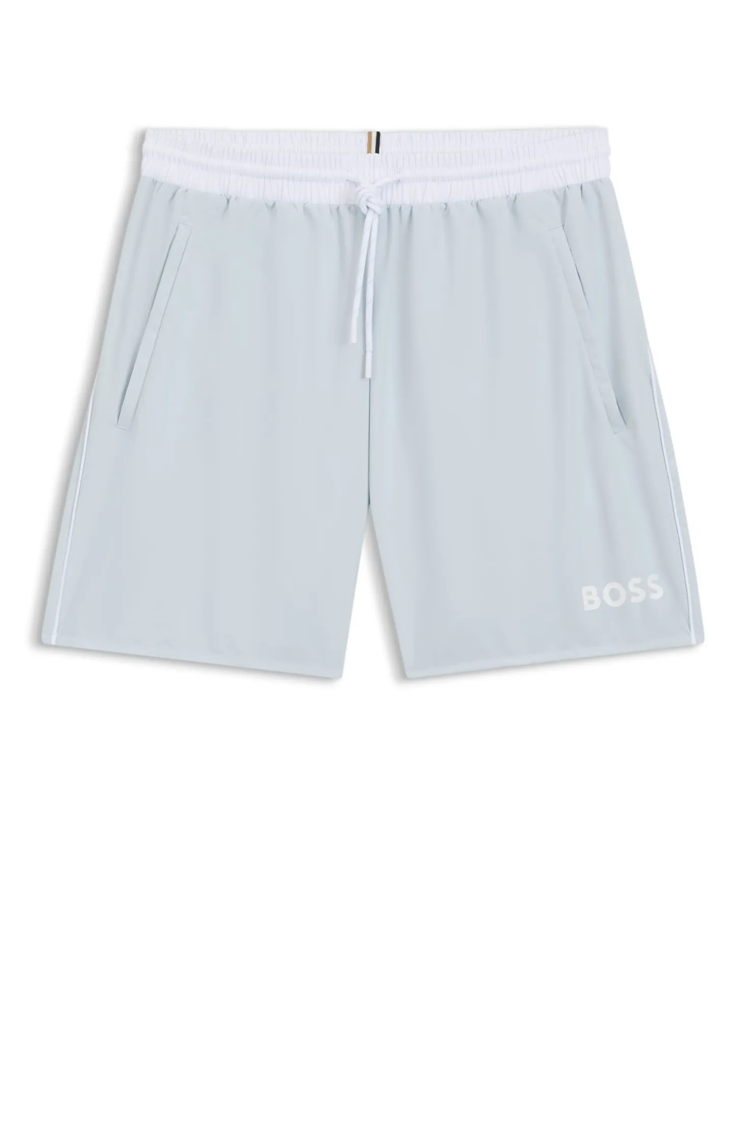 Badeshorts mit kontrastfarbenem Logo und Paspelierung