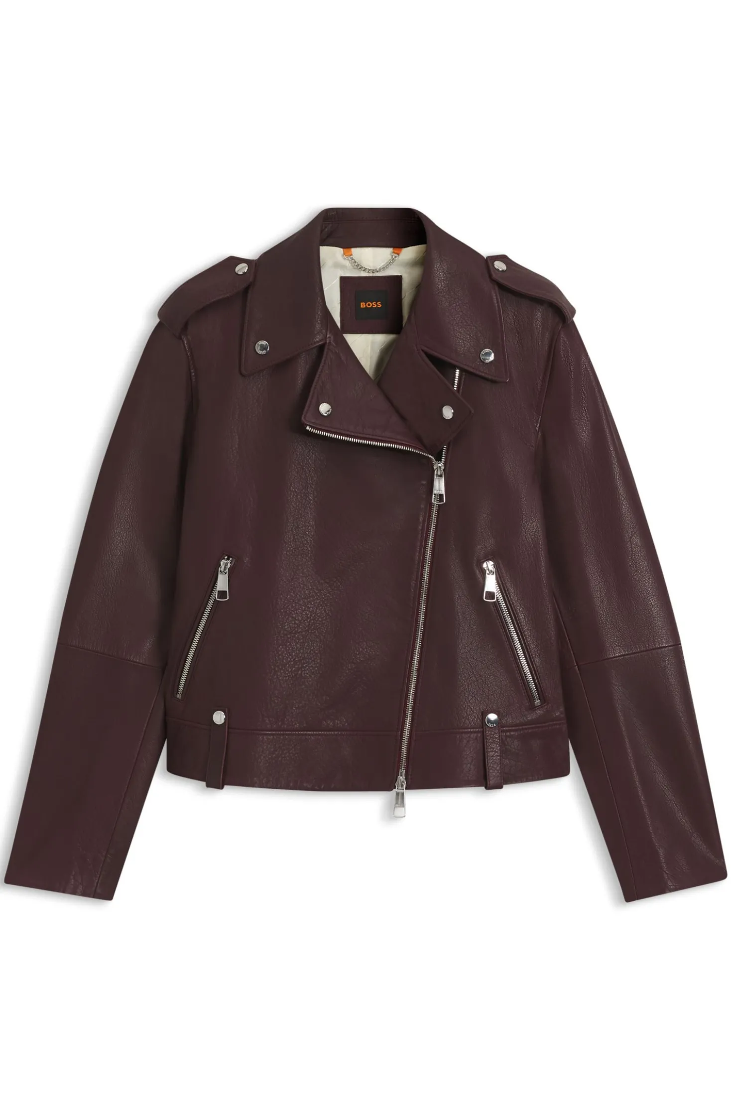 Bikerjacke aus genarbtem Leder mit Reißverschlüssen und Nieten