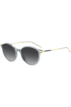 Blaugraue Sonnenbrille mit goldfarbenen Bügeln