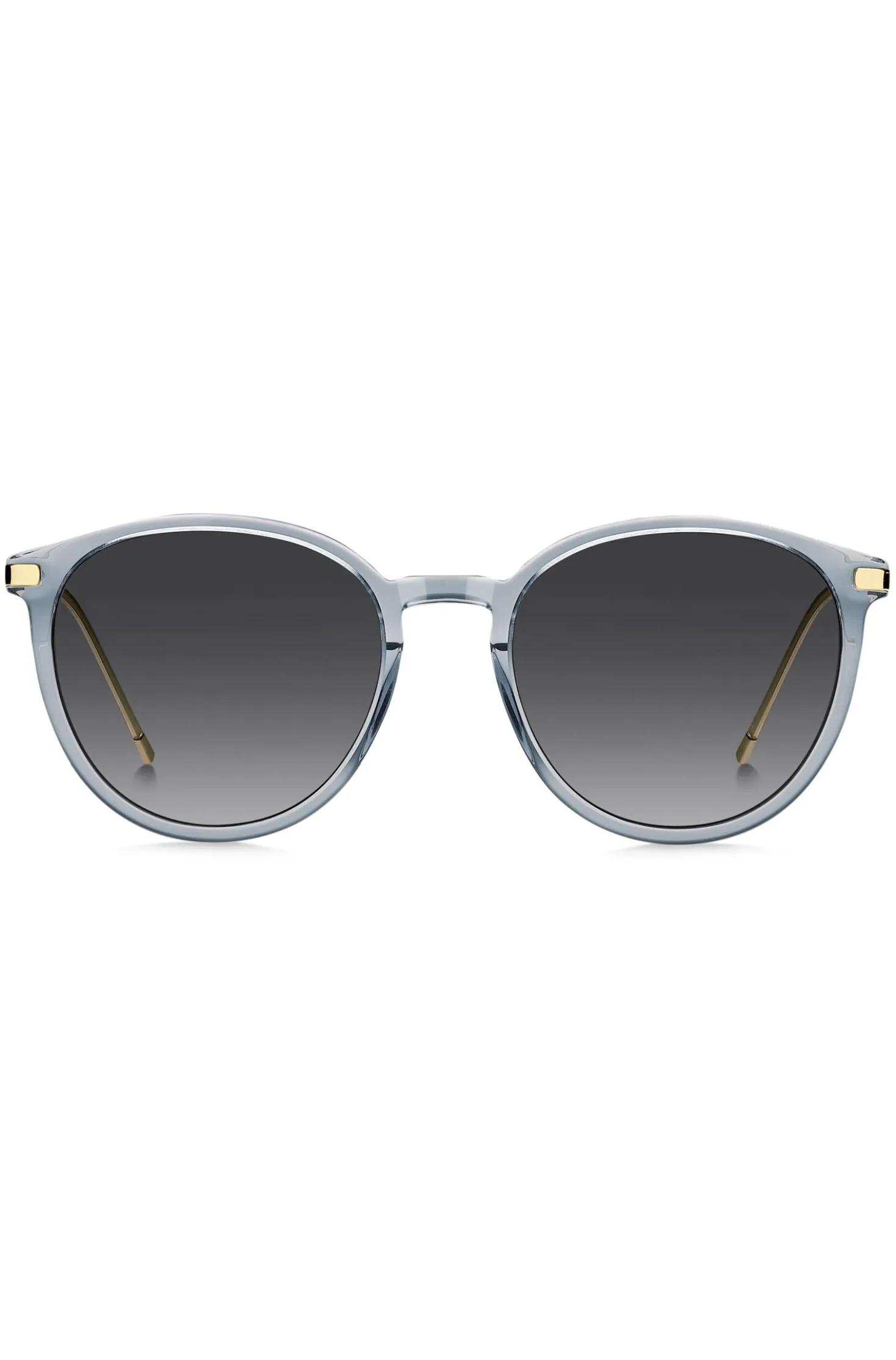 Blaugraue Sonnenbrille mit goldfarbenen Bügeln