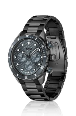 BOSS Chronomatix schwarz beschichtete Armbanduhr mit Monogramm-Struktur auf dem Zifferblatt