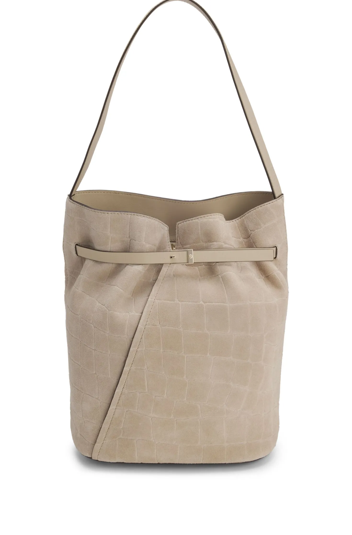 BOSS Revers Bucket Bag aus bedrucktem Veloursleder mit Gürteldetail