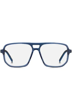 Brillenfassung aus blauem Acetat mit ausgestanztem Logo