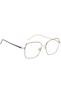 Brillenfassung aus goldfarbenem Stahl mit violetten Details
