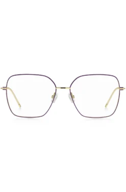Brillenfassung aus goldfarbenem Stahl mit violetten Details