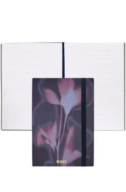Dunkelblaues A5-Notizbuch mit floralem Print und Folien-Logo