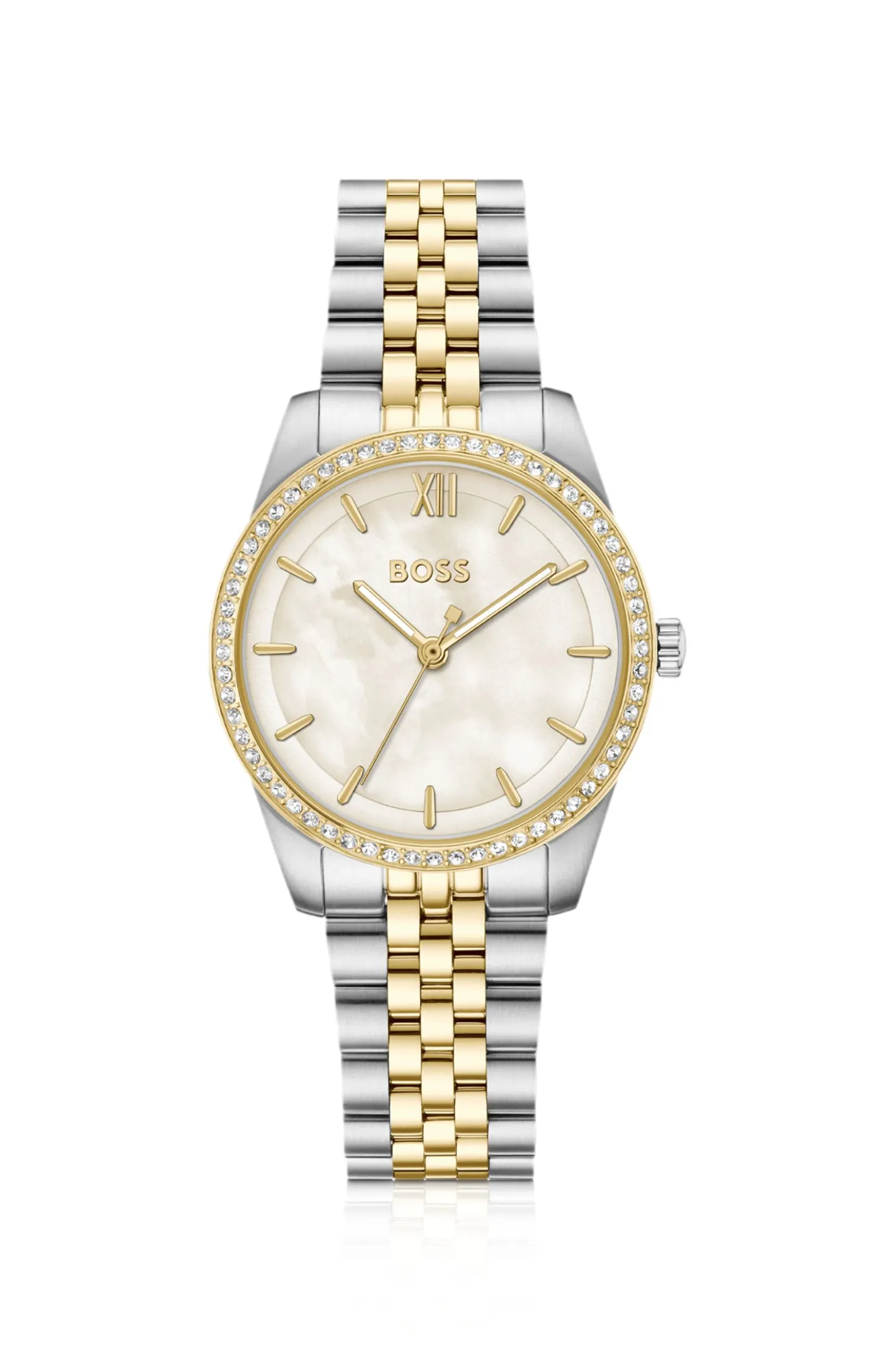 Elegante zweifarbige Uhr mit kristallbesetzter Lünette