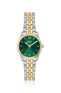 Elegante zweifarbige Uhr mit sonnenstrahlenförmig gemustertem Zifferblatt
