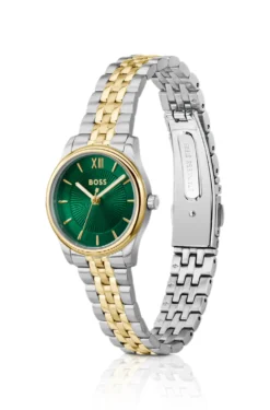 Elegante zweifarbige Uhr mit sonnenstrahlenförmig gemustertem Zifferblatt
