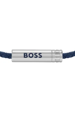 Geflochtenes Armband aus blauem Leder mit Logo-Plakette
