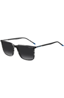 Graue Sonnenbrille aus gemustertem Acetat mit röhrenförmigen Metallbügeln