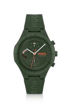 Grüne Uhr mit Logos auf dem Silikonarmband