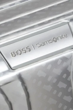 Großer BOSS x Samsonite Koffer aus silberfarbenem Aluminium 80 cm