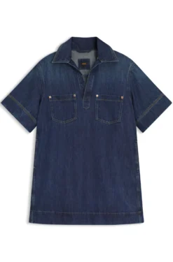 Kleid aus blauem Denim mit Johnny-Kragen