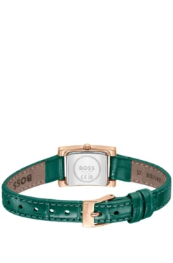 Kristallverzierte Uhr mit grünem Zifferblatt und grünem Lederarmband