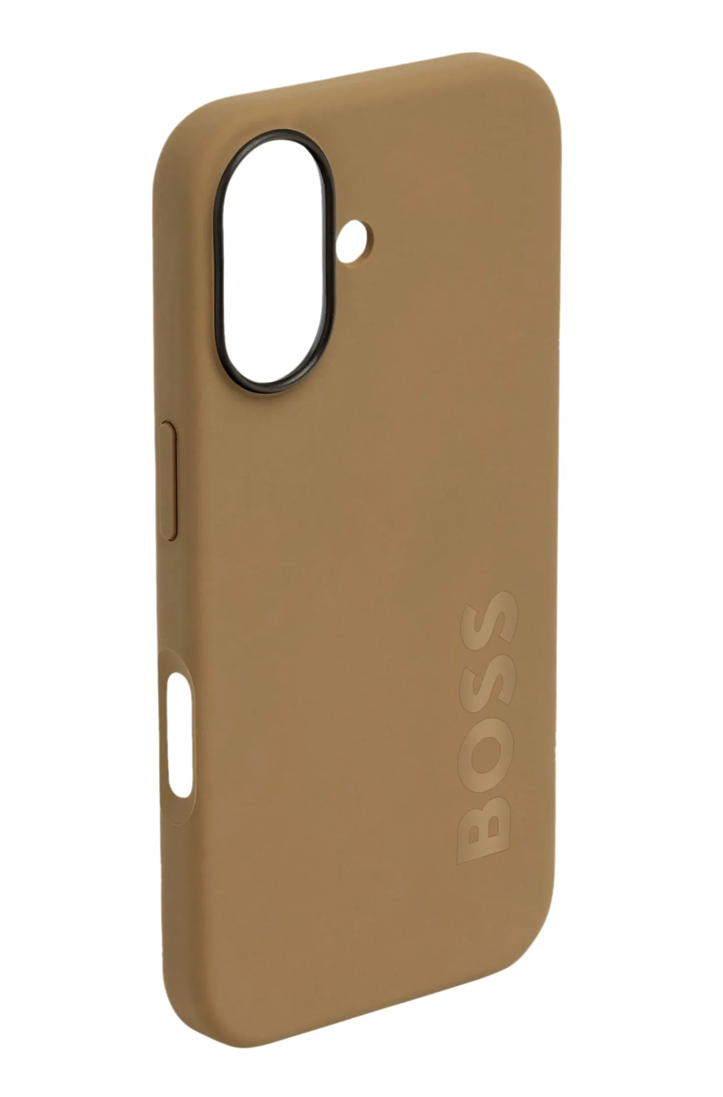 Matte camelfarbene iPhone 16 Hülle mit Logo-Prägung
