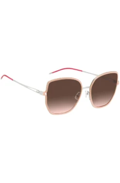 Nudefarbene Sonnenbrille mit geteilten Bügeln und Logo-Kette
