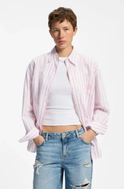 Oversized-Fit Bluse aus gestreifter Baumwolle mit Happy HUGO Logo