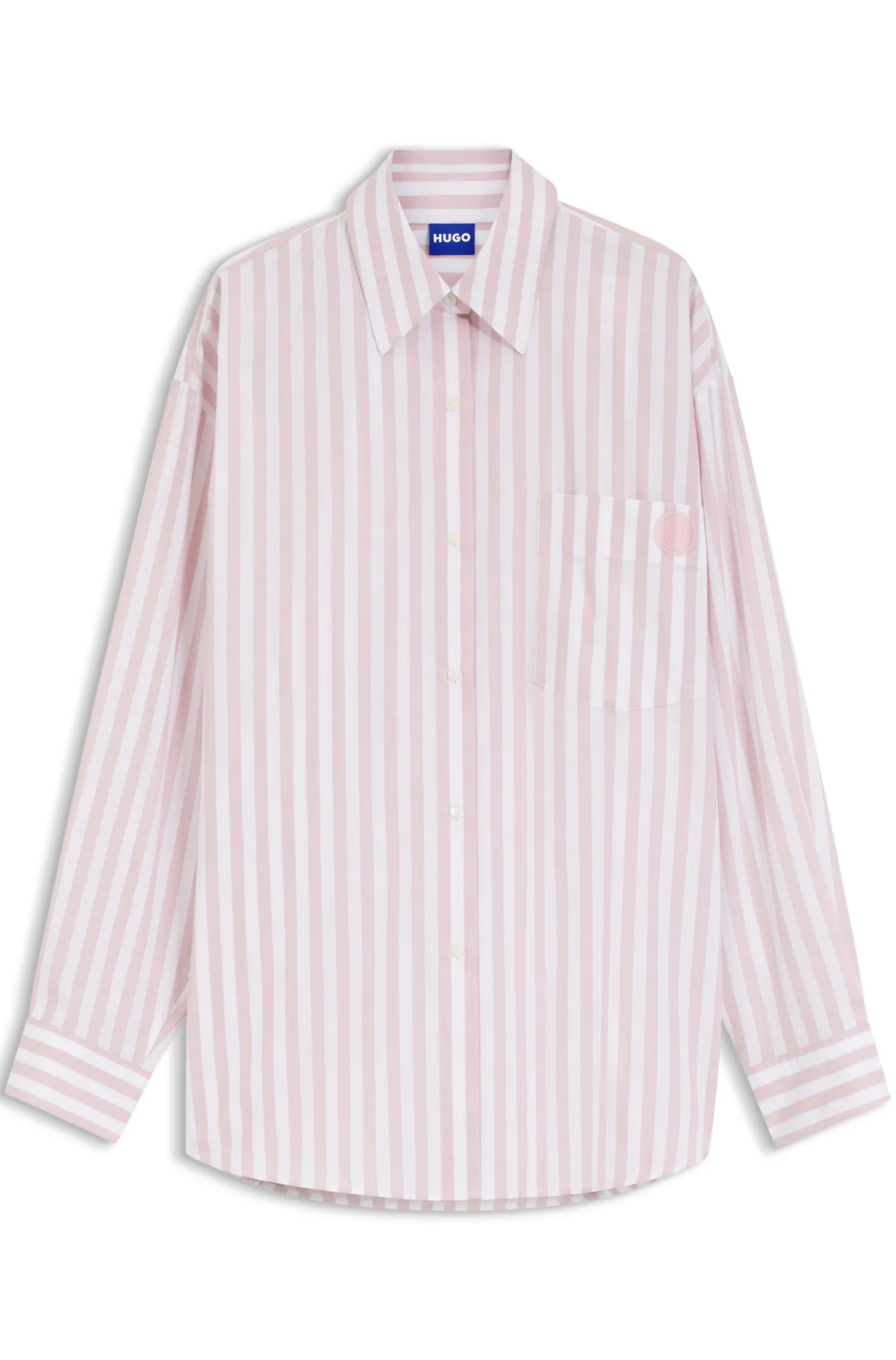 Oversized-Fit Bluse aus gestreifter Baumwolle mit Happy HUGO Logo
