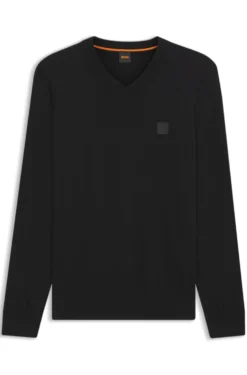 Pullover mit V-Ausschnitt aus Baumwoll-Mix mit Kaschmir und Logo-Aufnäher