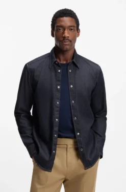Regular-Fit Hemd aus indigoblauem Stretch-Denim