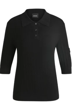 Reitsport-Poloshirt aus Rippstrick mit Oversized-Kragen