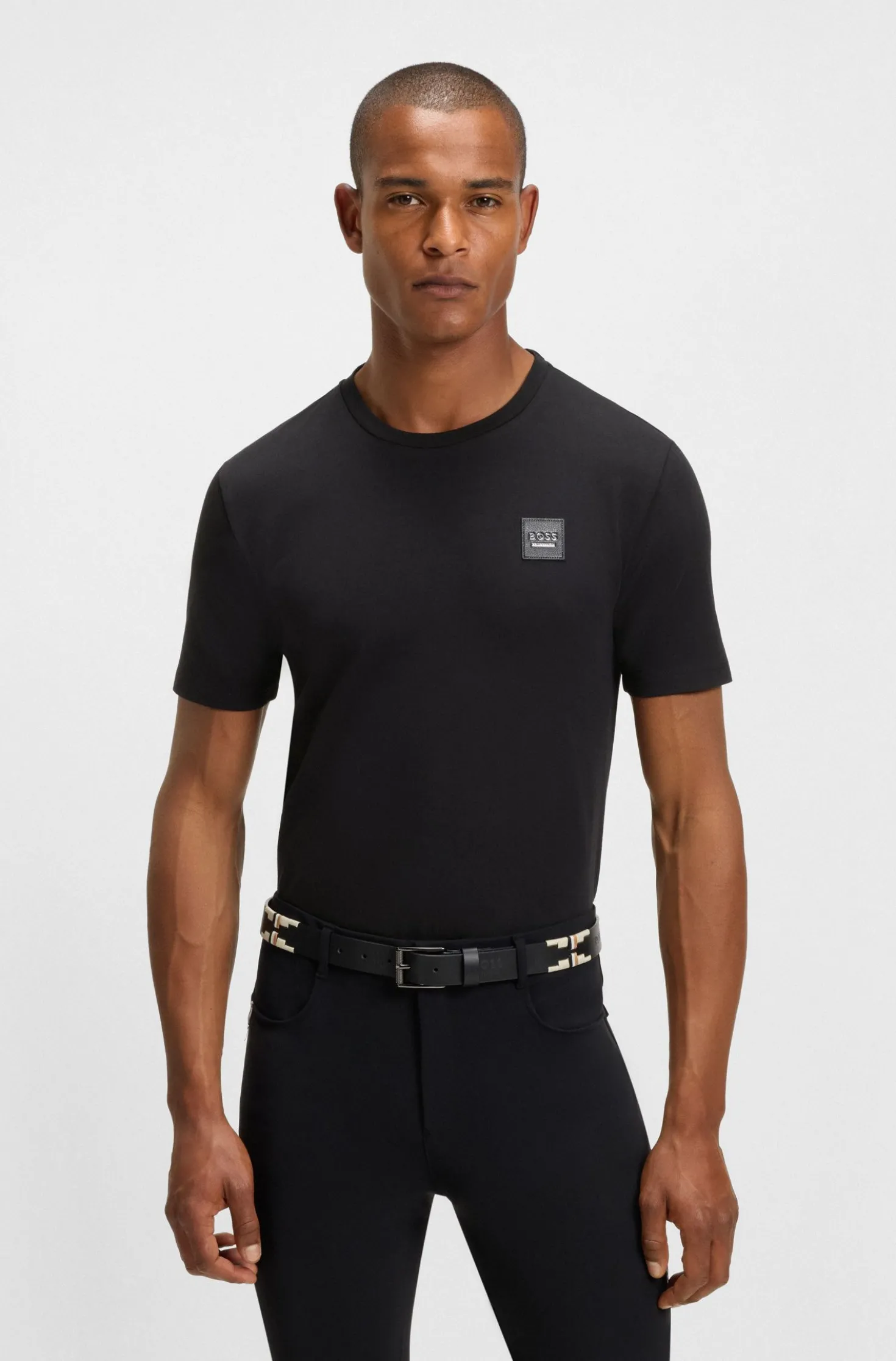 Reitsport-T-Shirt aus Stretch-Baumwolle mit Logo-Patch