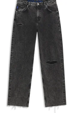 Relaxed-Fit Jeans aus schwarzem, festem Denim in Used-Optik