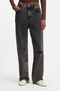 Relaxed-Fit Jeans aus schwarzem, festem Denim in Used-Optik