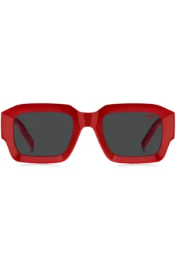 Rote Sonnenbrille mit Stack-Logo an den Bügeln