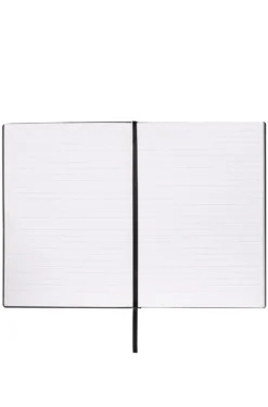Schwarzes DIN-A5-Notizbuch mit Karo-Print und silberfarbenem Folien-Logo