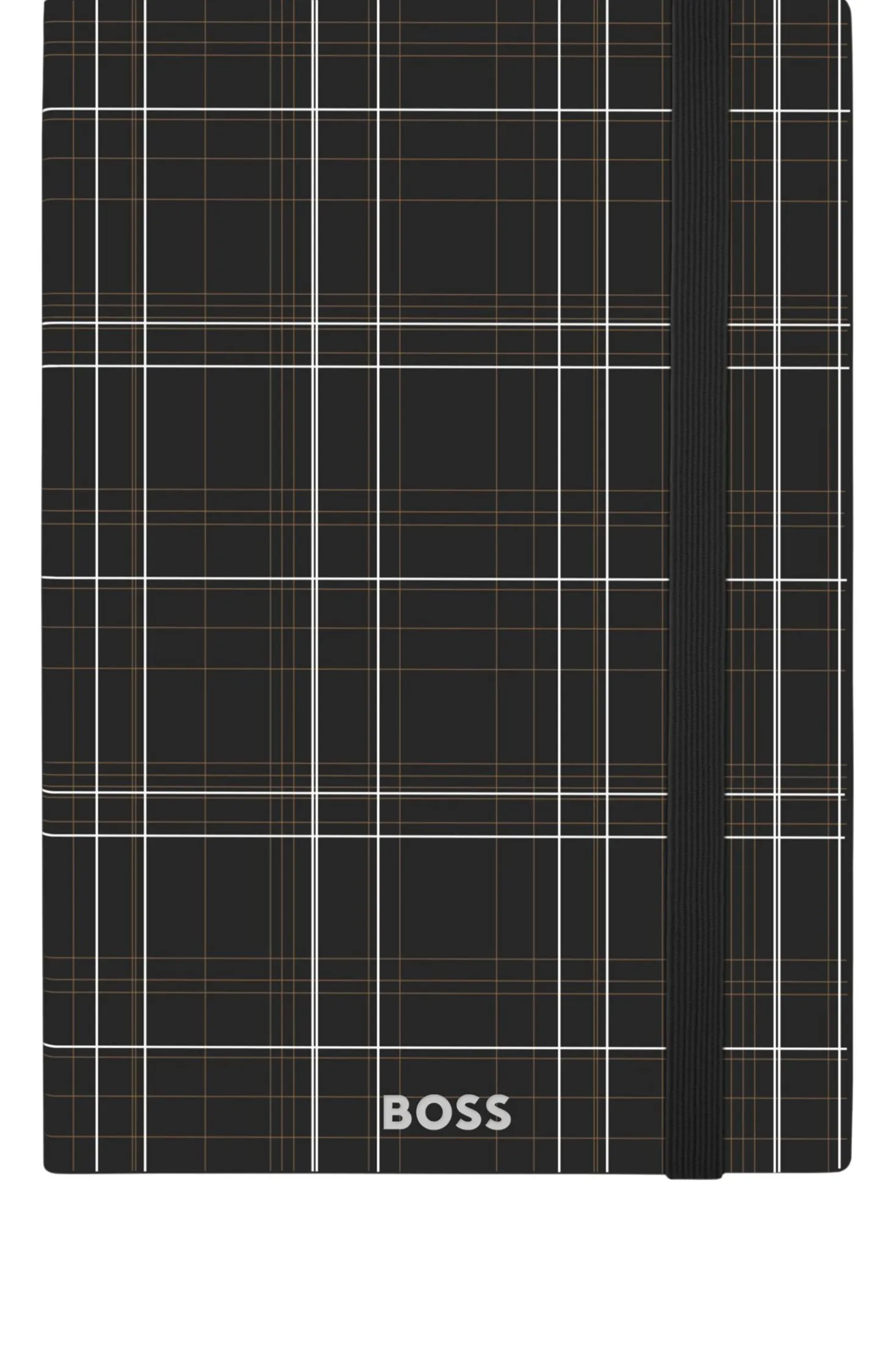 Schwarzes DIN-A5-Notizbuch mit Karo-Print und silberfarbenem Folien-Logo