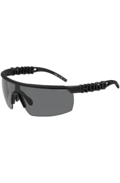 Schwarze Sonnenbrille im Masken-Stil mit 3D-Logo auf den Bügeln