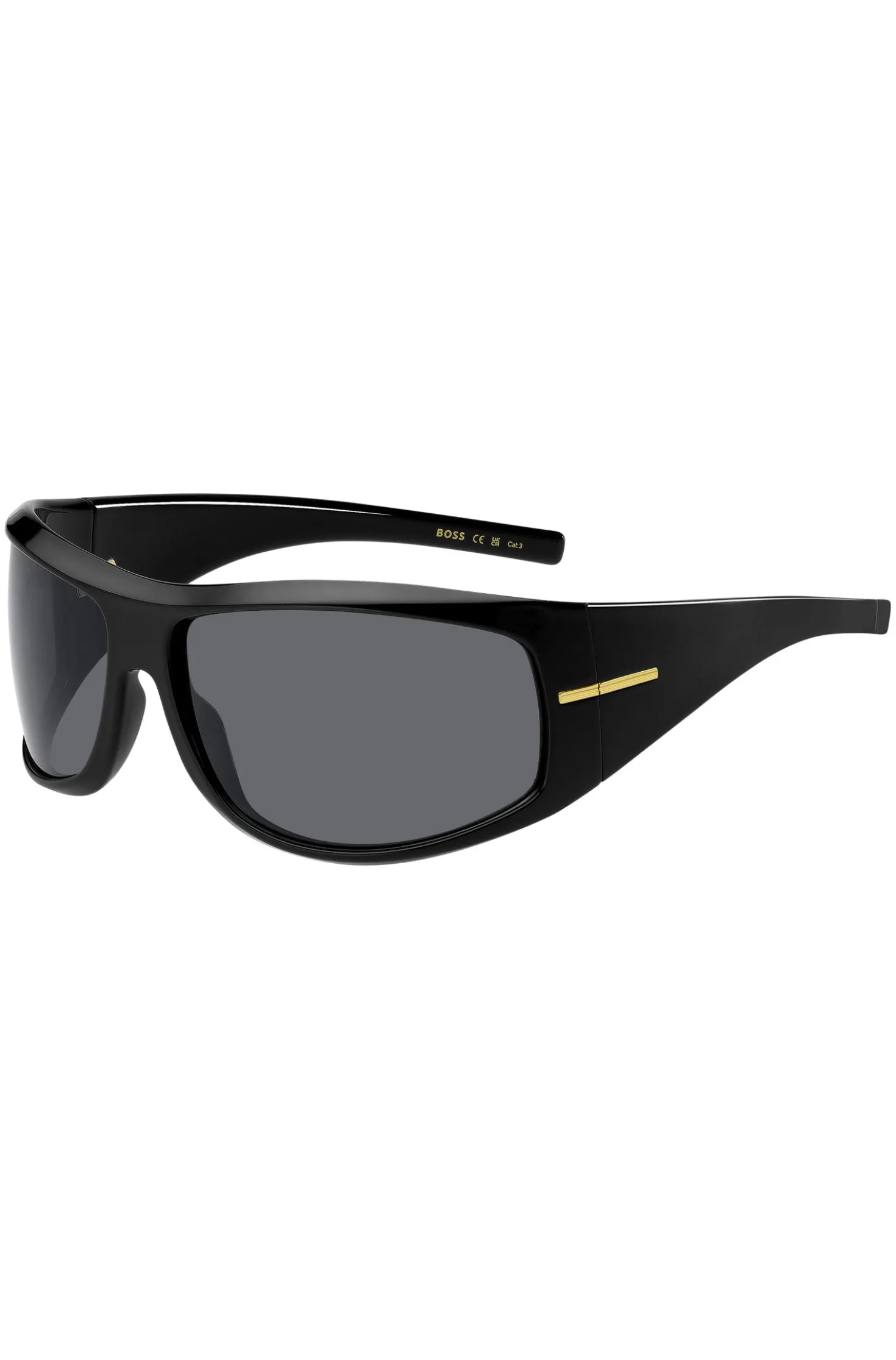 Schwarze Sonnenbrille im Masken-Stil mit goldfarbenen Metalldetails