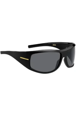 Schwarze Sonnenbrille im Masken-Stil mit goldfarbenen Metalldetails