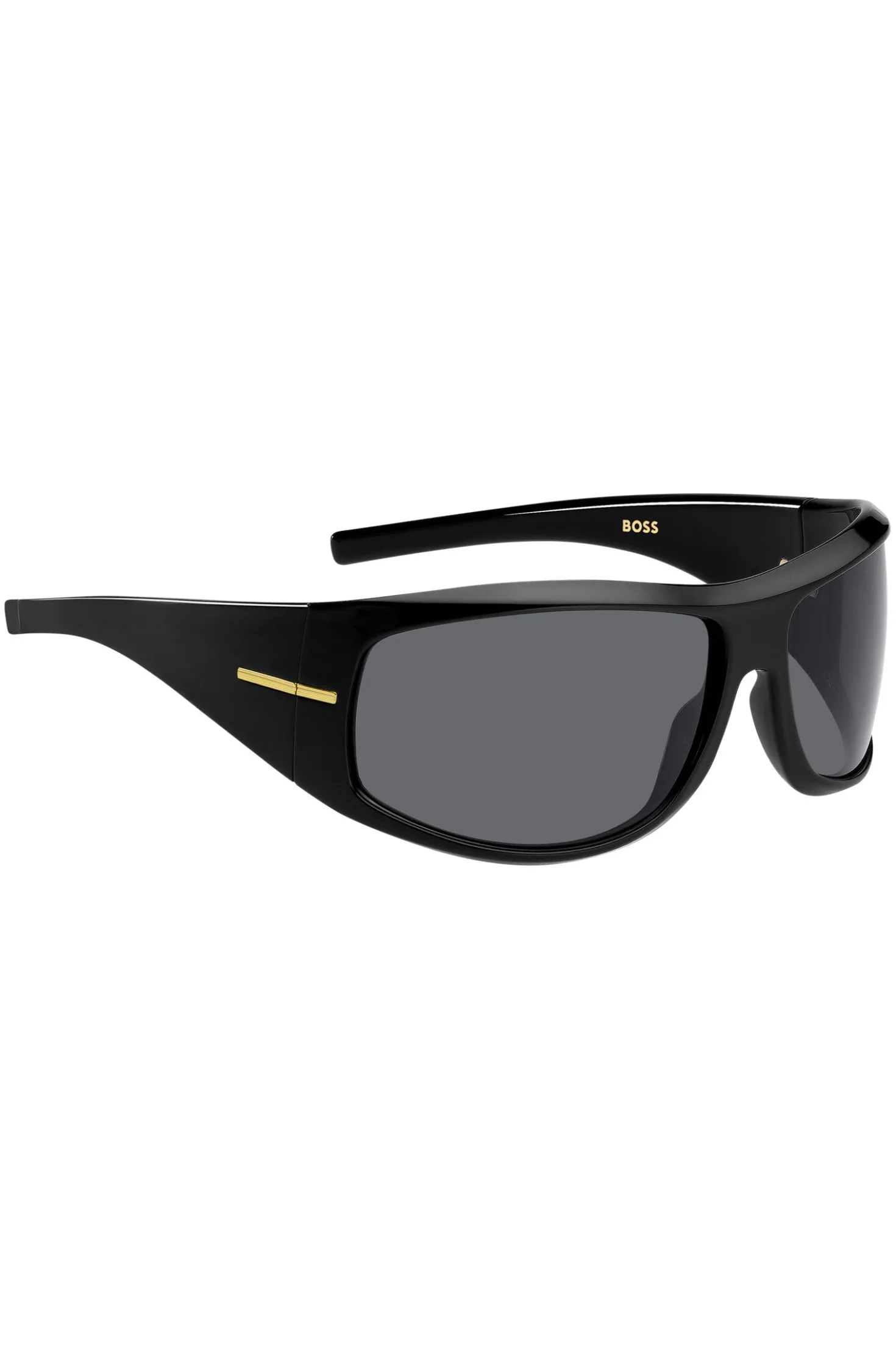 Schwarze Sonnenbrille im Masken-Stil mit goldfarbenen Metalldetails