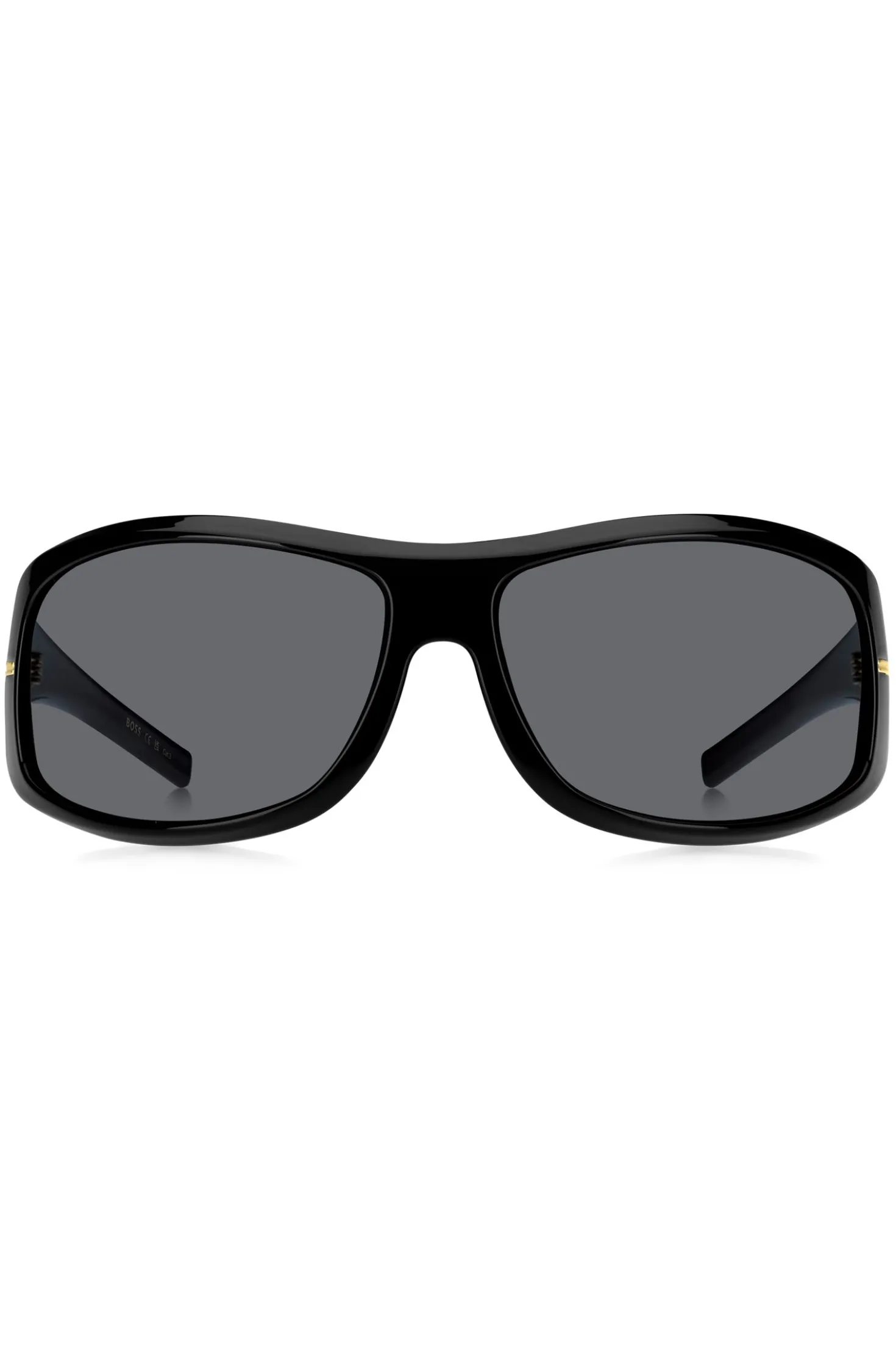 Schwarze Sonnenbrille im Masken-Stil mit goldfarbenen Metalldetails