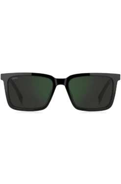 Schwarze Sonnenbrille mit gravierter Logo-Plakette