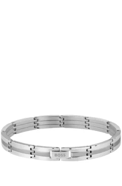 Silberfarbenes Armband mit Streifen-Muster und Logo-Schließe