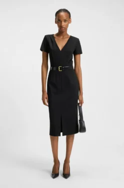 Slim-Fit Midikleid aus Stretch-Gewebe mit V-Ausschnitt