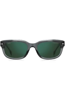 Sonnenbrille aus grauem Acetat mit grünen Gläsern