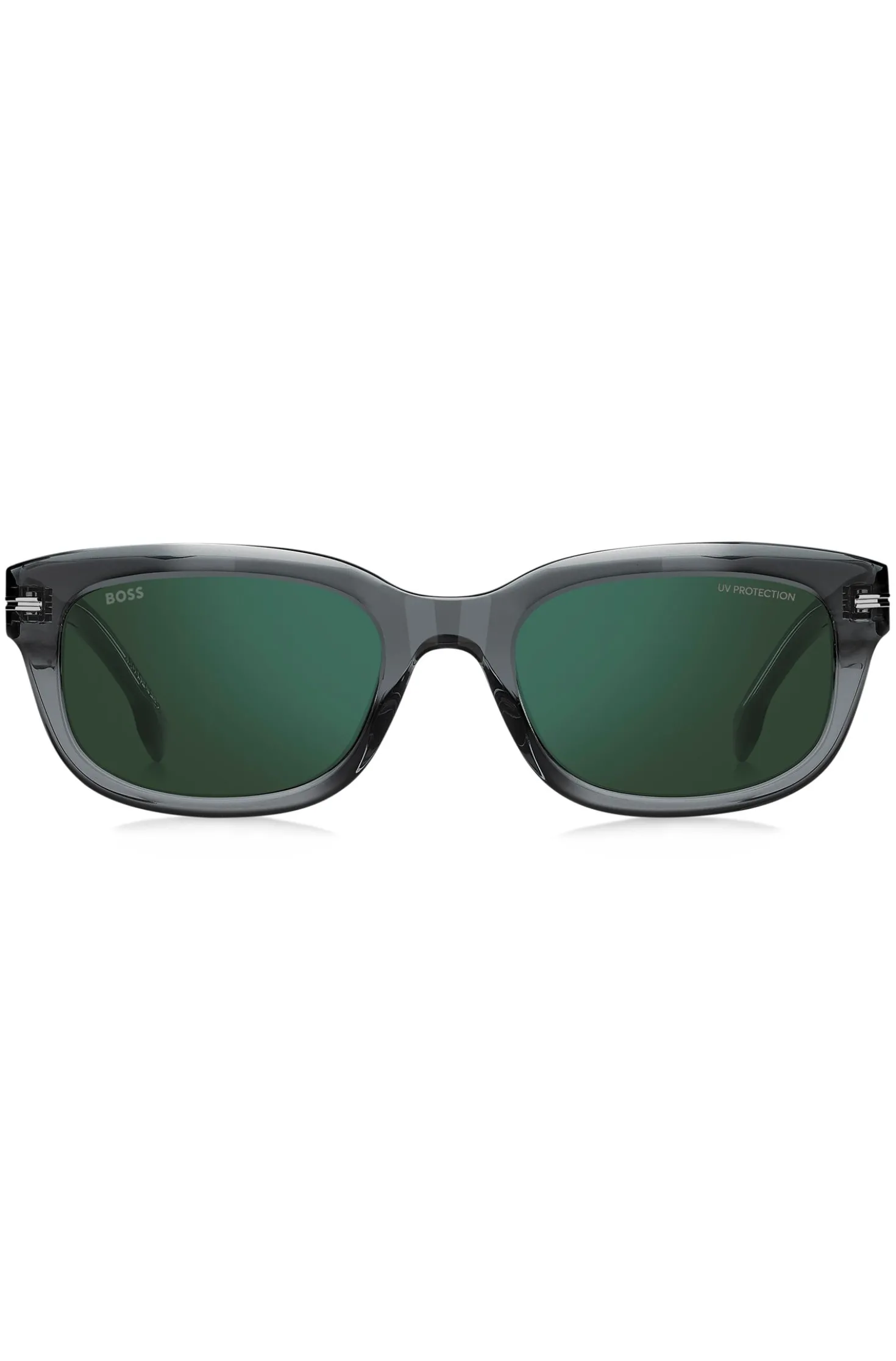 Sonnenbrille aus grauem Acetat mit grünen Gläsern