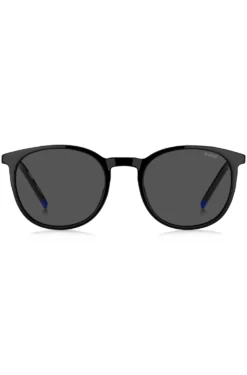 Sonnenbrille aus schwarzem Acetat mit blauem Logo