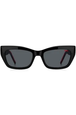 Sonnenbrille aus schwarzem Acetat mit mehrlagigen Bügeln in Signature-Rot