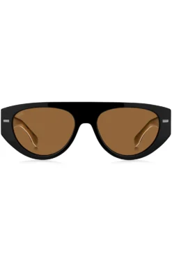 Sonnenbrille aus schwarzem Bio-Acetat mit gelaserten Logos auf den Bügeln