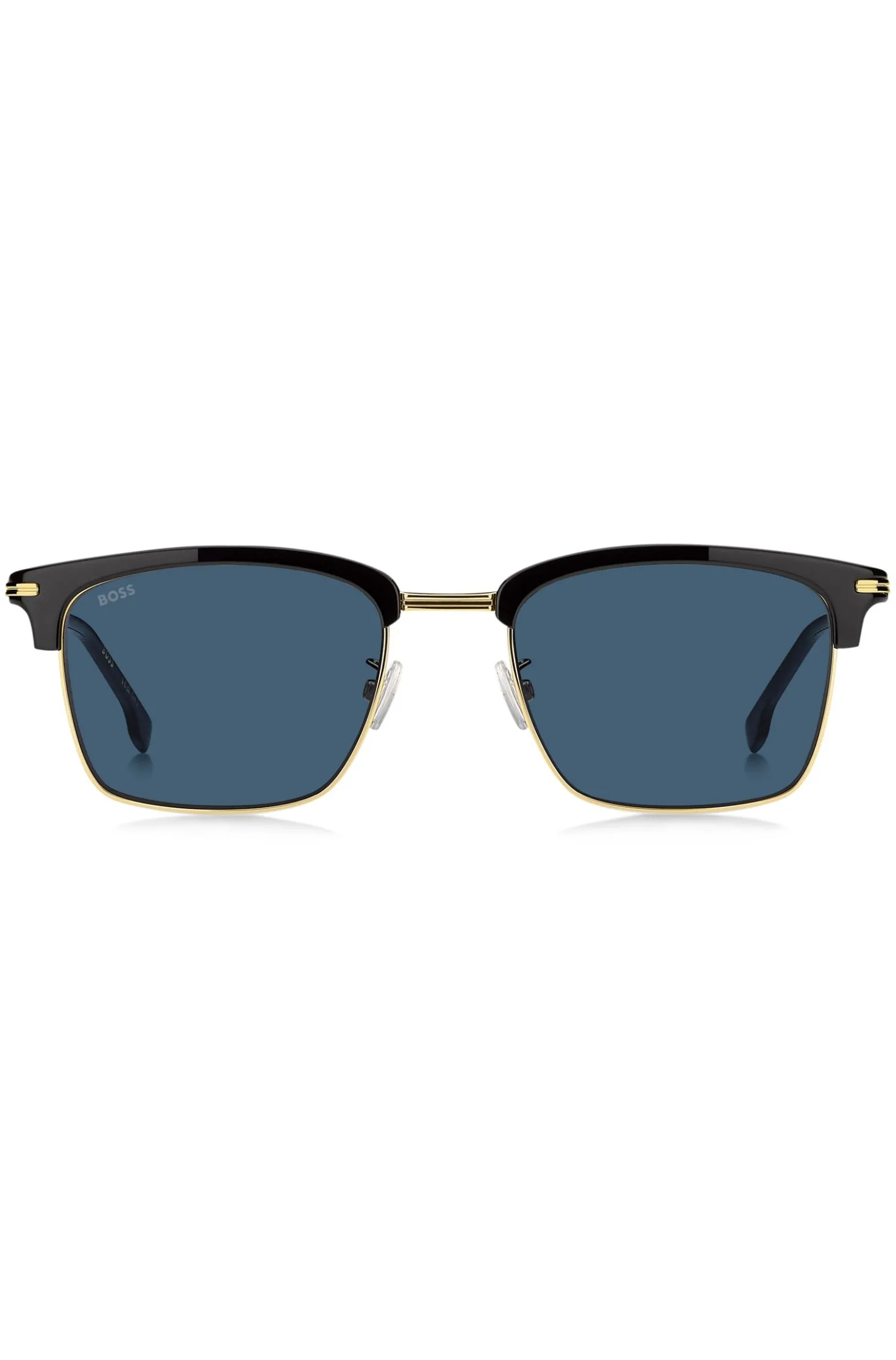 Sonnenbrille mit blauen Gläsern und schwarz-goldfarbener Fassung