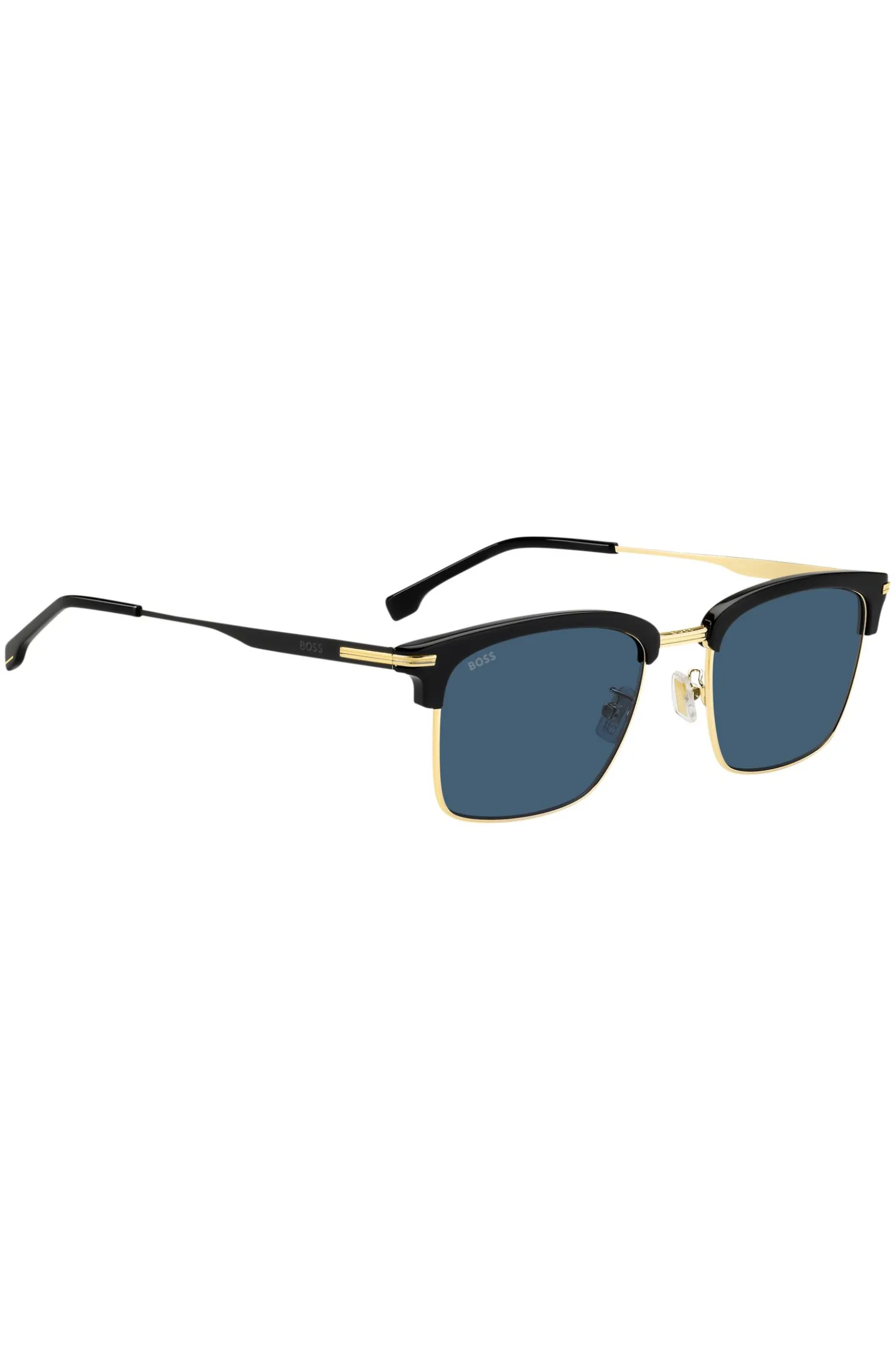 Sonnenbrille mit blauen Gläsern und schwarz-goldfarbener Fassung