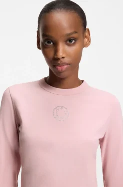 Stretch-Top aus Baumwolle mit Happy HUGO Logo und Strasssteinen