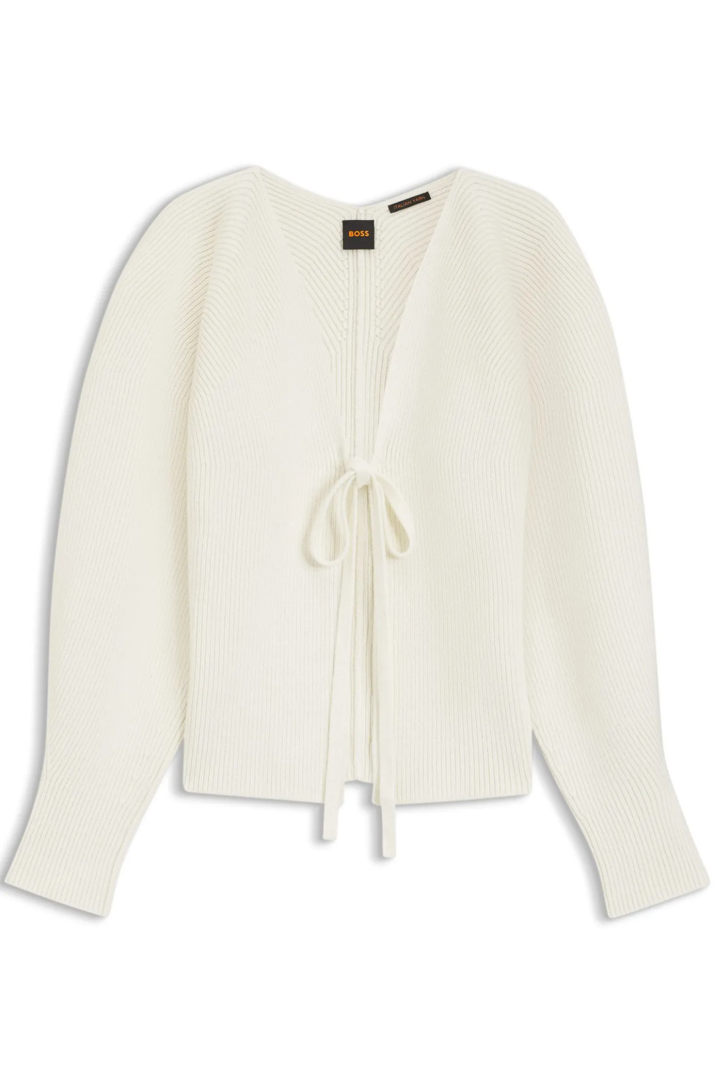 Strickjacke mit Krawatten-Vorderseite und Ballonärmel in Rippstrick